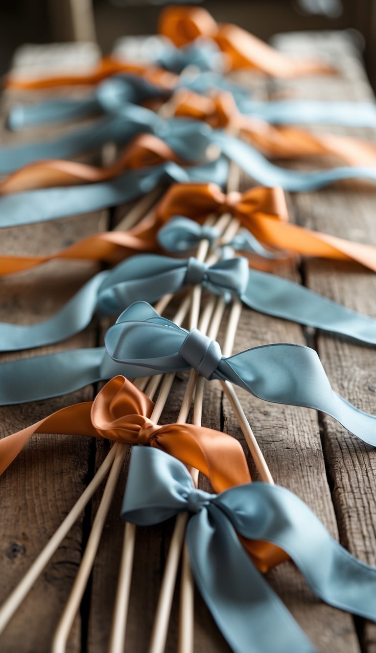 A group of dusty blue and burnt orange ribbon wands arranged on a wooden surface.